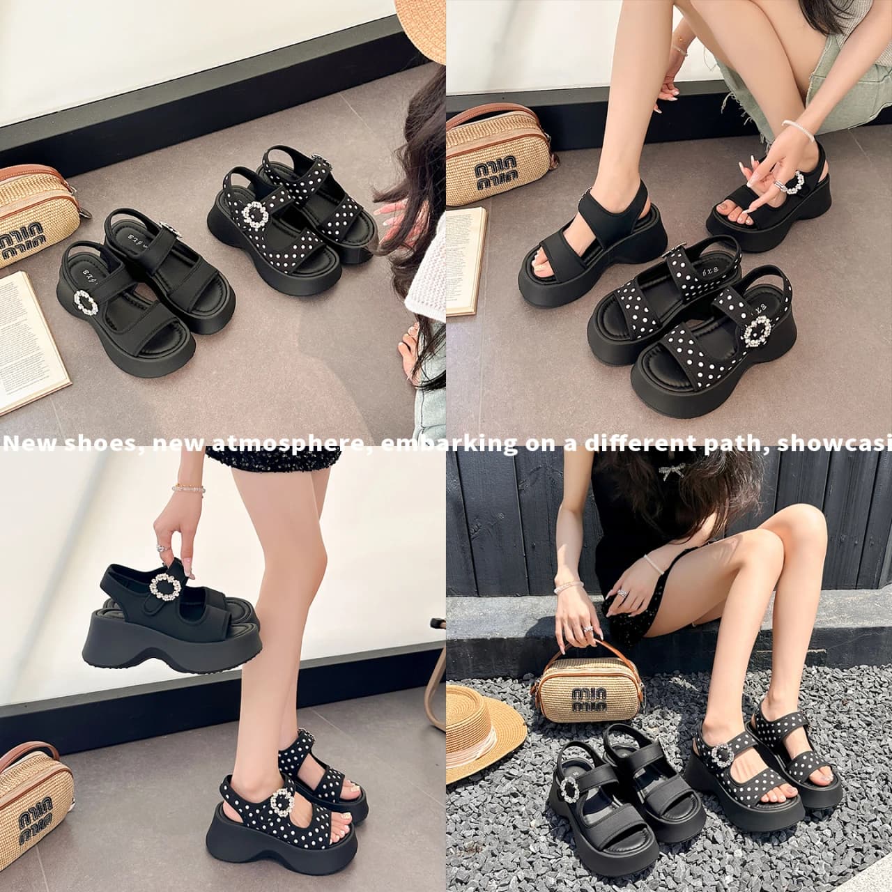 Sandali con Zeppa Neri da Donna con Strass, Plateau e Cinturino in Velcro, Punta Aperta, Suola Spessa, Comodi per l'Estate e la Spiaggia