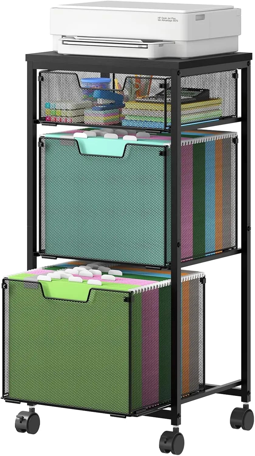 Armadietto Portadocumenti Mobile a 3 Cassetti con Ruote Bloccabili, Organizzatore per Cartelle Sospese per Archiviazione Casa e Ufficio, Nero