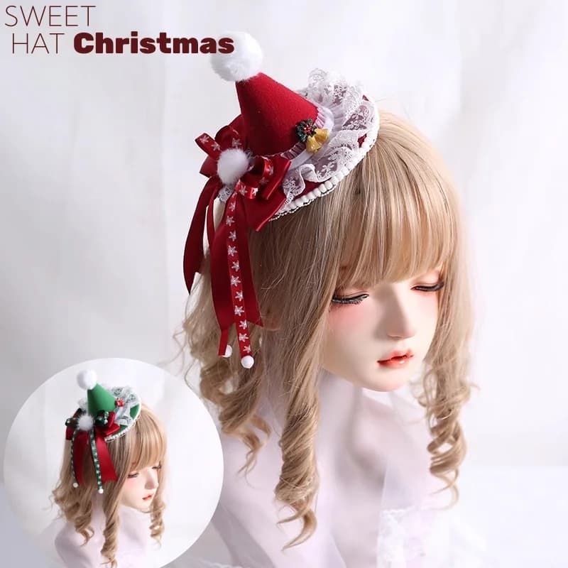 New Christmas hat handmade original sweet and cute Lolita lace Furball big bow hair clip small Christmas gift hat
