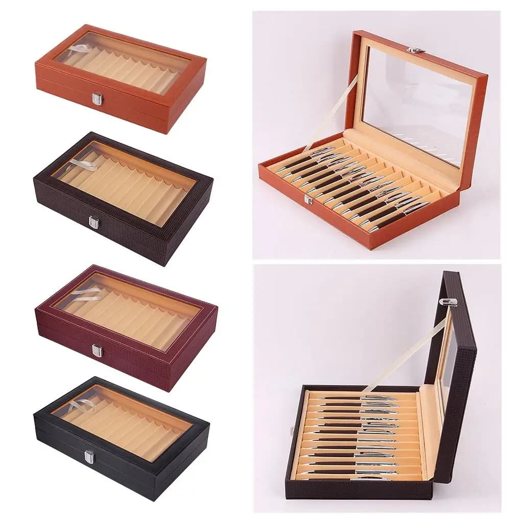 Genuine Leather Pen Boxes Storage Velvet Interior Jewelry Box Organizer 12 Slot Display for Collector