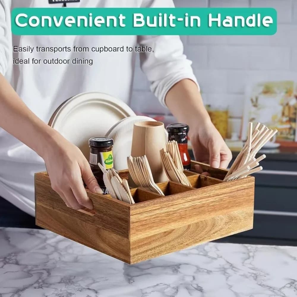 6 Compartments Wooden Silverware Holder Multi-functional with Handle Kitchen Utensil Storage Box Large Capacity Durable