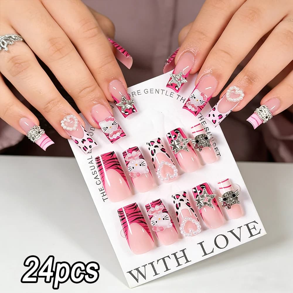 24 pz. Unghie Finte 3D Hello Kitty Rosa con Stampa Tigre e Leopardo e Strass, Riutilizzabili, in Acrilico, Lunghe a Coffin