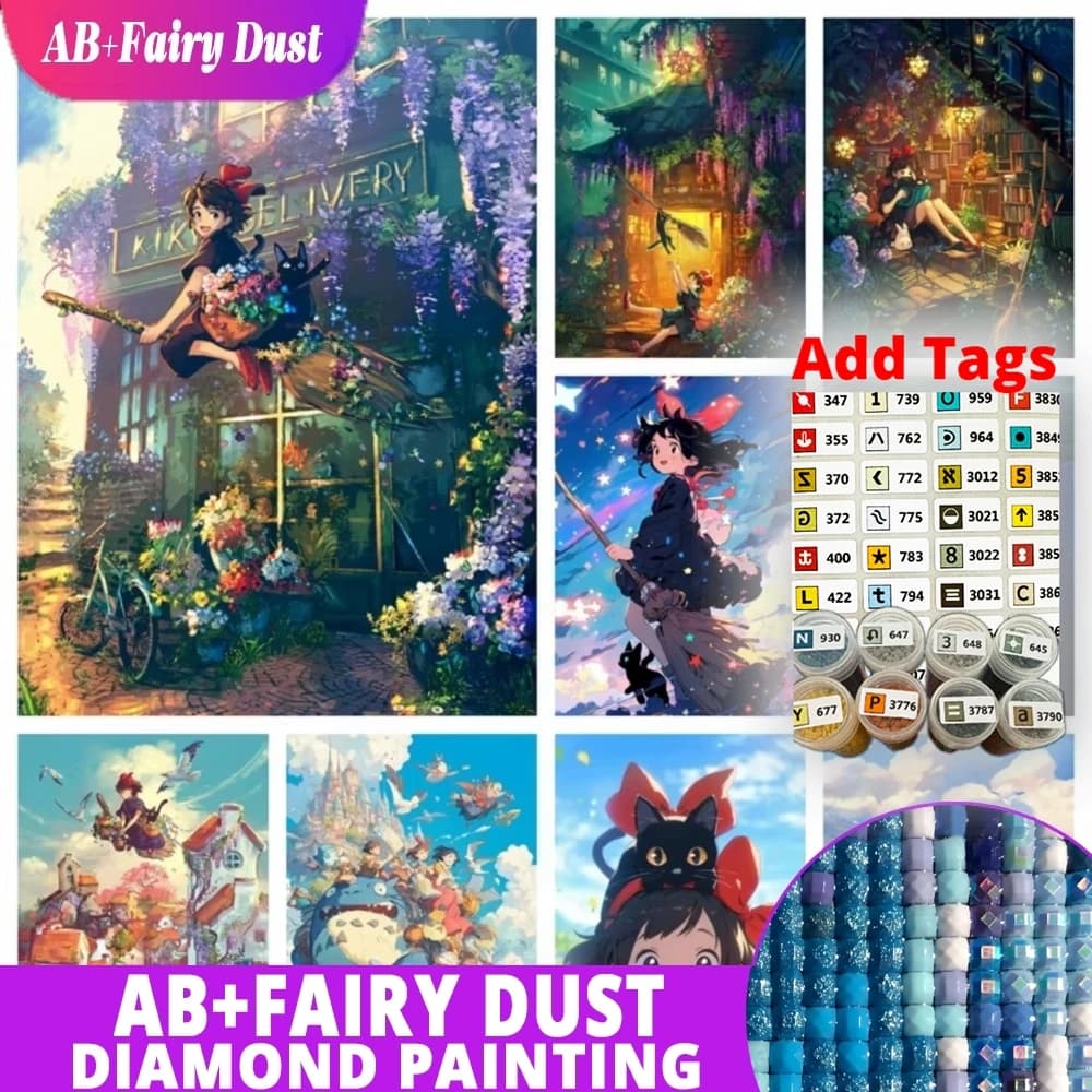 AB Fairy Dust DMC stickers 1PCS Cute Fly Anime Girl And Cat 5d Full Diamond Art Painting Fantasy Cartoon Scenery Diy Handcraft