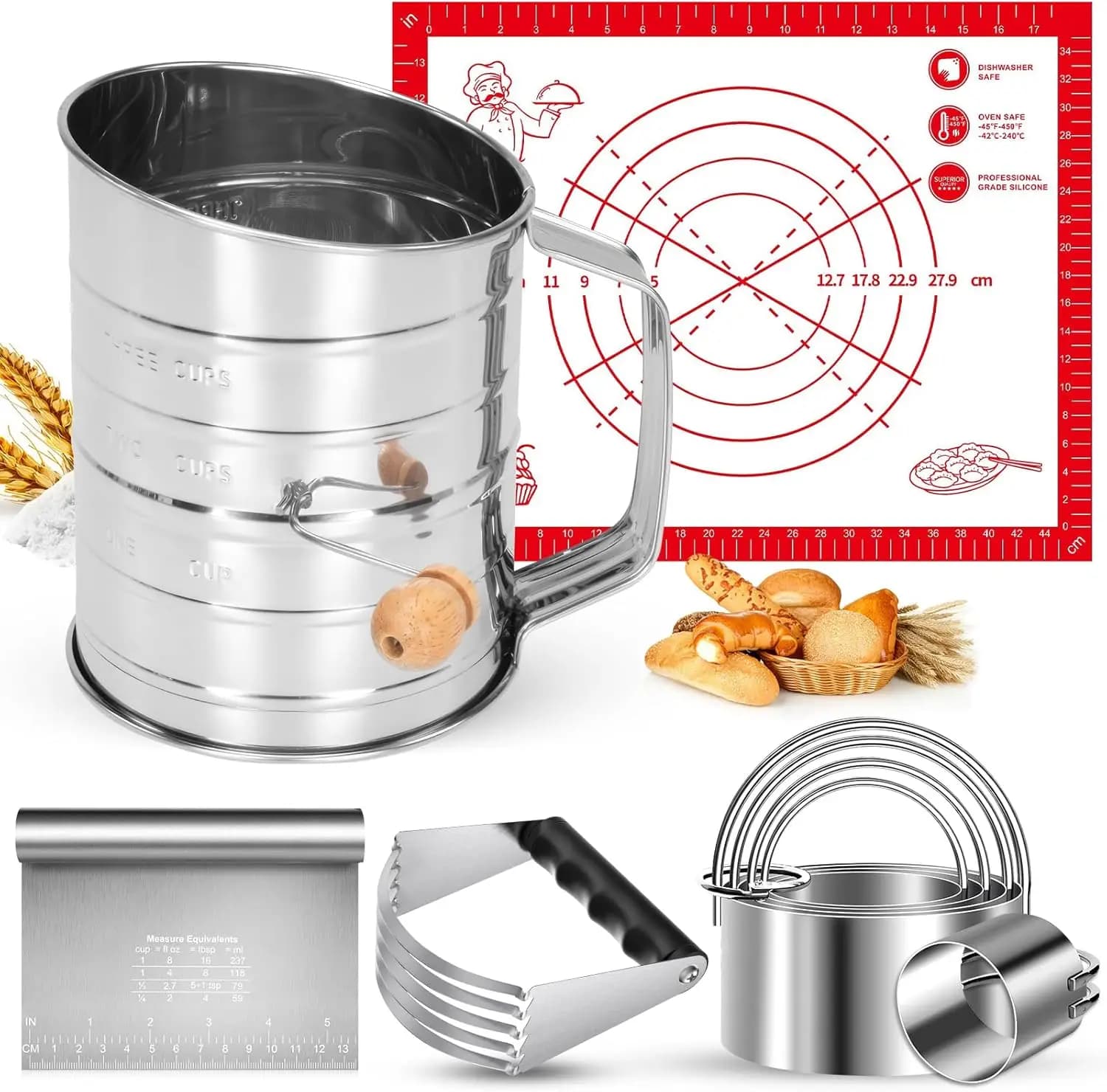 Set di Soffietti per Pasticceria in Acciaio Inossidabile, Setaccio per Farina da 3 Tazze, Tagliabiscotti, Tagliapasta, Tappetini in Silicone per Cucinare