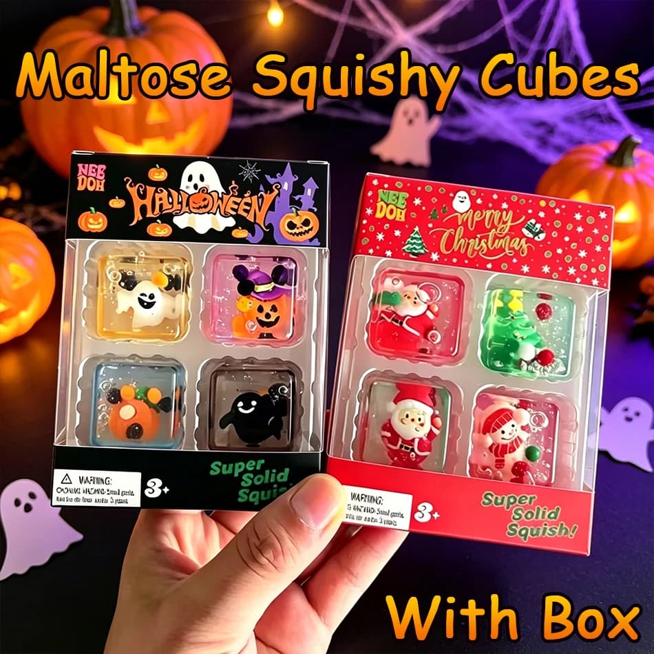 @Needoh Halloween Christmas Mini Ice Cube 4Pack Fidger Sensory Toy Maltose Slow Rebound Anxiety Relief Stress Ball Squishy