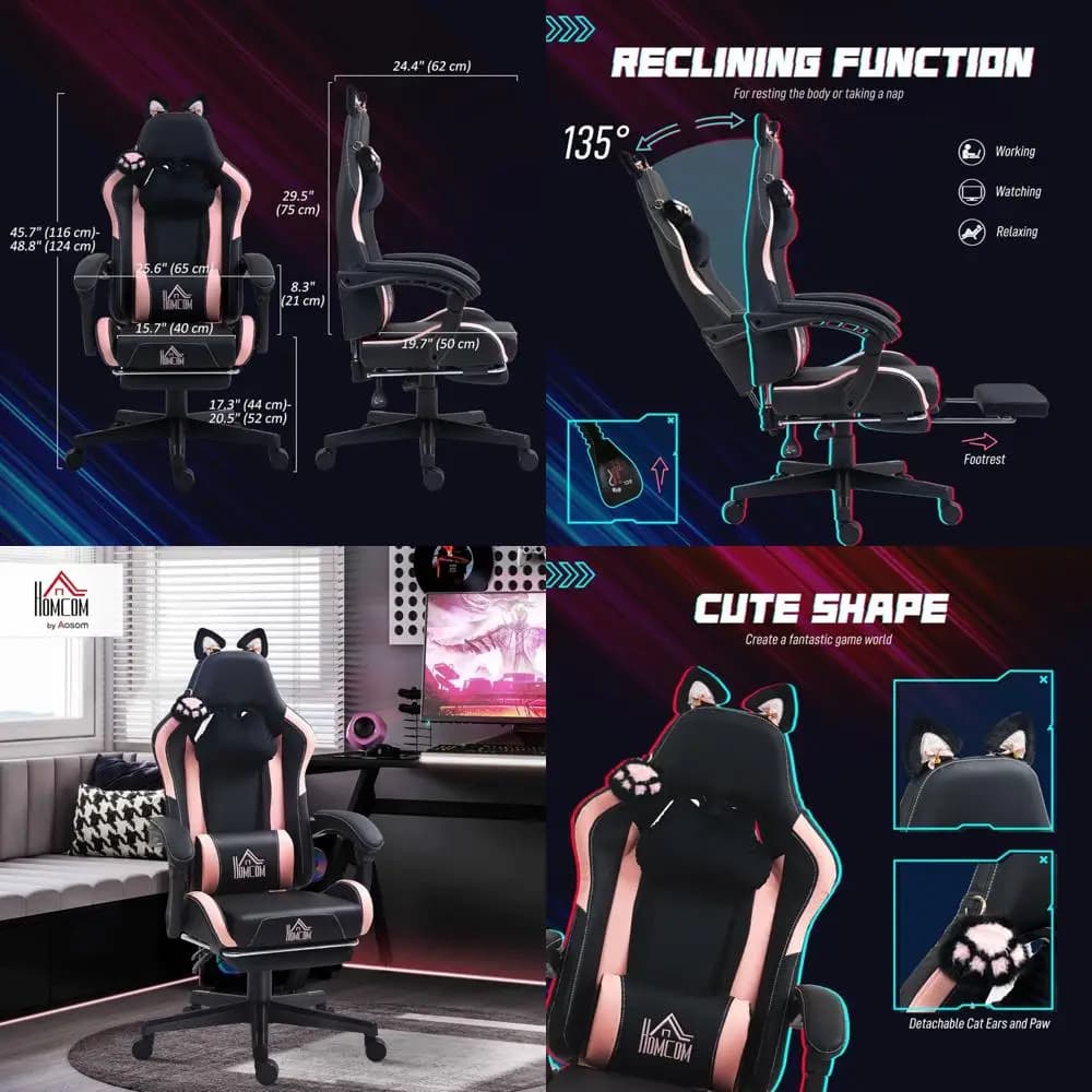Sedia da gaming stile racing con orecchie di gatto, sedia da computer ergonomica reclinabile in ecopelle, poggiapiedi, supporto lombare e per la testa, Adj