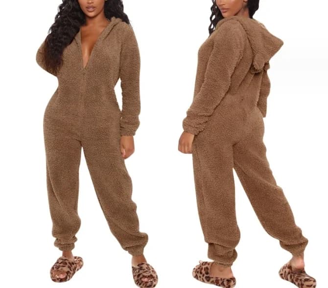 CPSYMYM Tuta da donna autunno peluche tinta unita casual maniche lunghe casa quotidiana tuta con cerniera pigiama con cappuccio