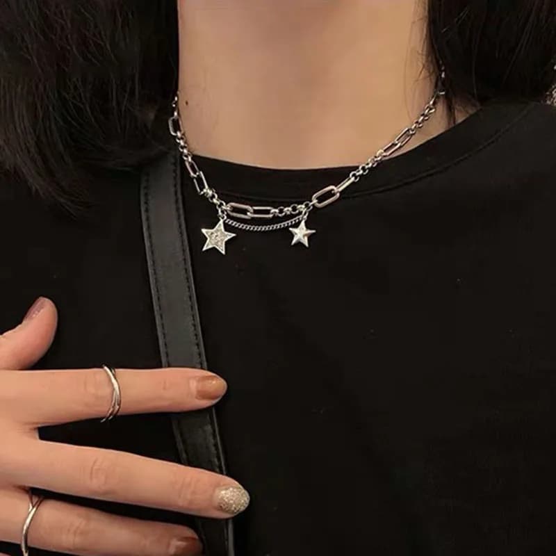 Collana a Catena Punk Color Argento per Donna, Gioielli Vintage Trendy con Stelle in Argento Thai, Accessori per Feste