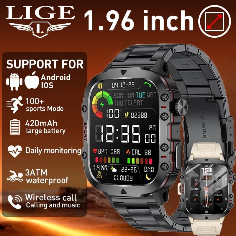 LIGE Smartwatch Militare Robusto da Uomo con Chiamata Bluetooth, Impermeabile IP68, Cardiofrequenzimetro Sportivo per Esterni, Compatibile con Android e iOS 2026