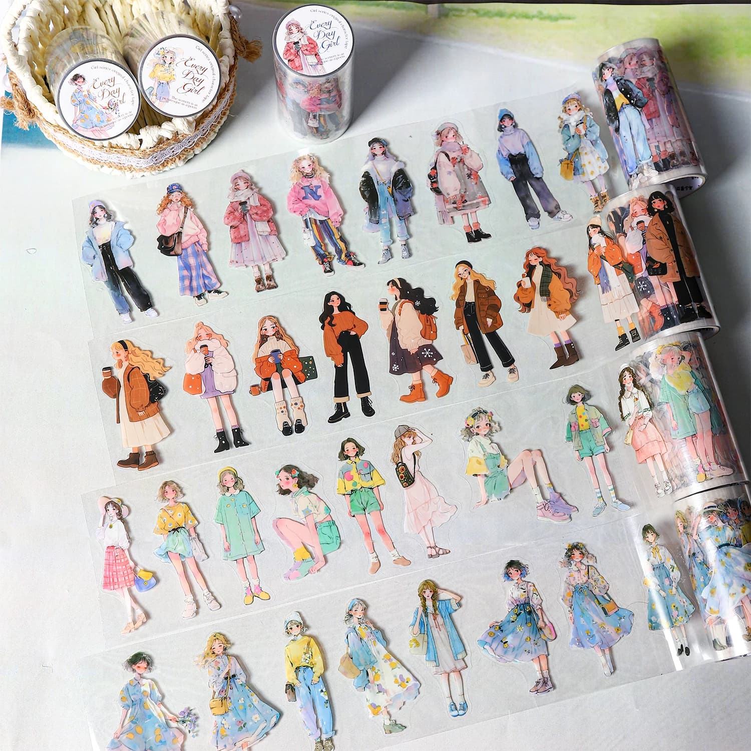 1 rotolo di adesivi per ragazza alla moda, vestito da 4 stagioni, album fai da te, diario, nastro adesivo Washi per custodia del telefono, decorazione per notebook, cancelleria carina