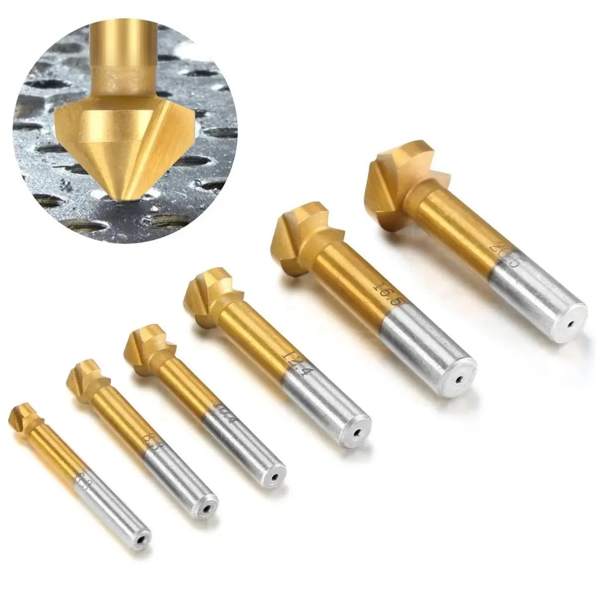 Taglierina per smusso a tre lame da 90 gradi per l'ingrandimento dei fori Sbavatura Spot Facer Drill Set di strumenti per punte da trapano per lavorazione del legno da 6 pezzi