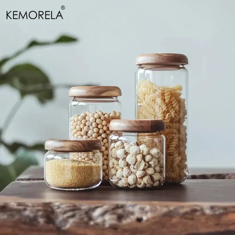 KEMORELA Contenitore per la conservazione degli alimenti trasparente Barattolo di tè rotondo in legno di acacia Snack di frutta secca Barattolo di stoccaggio sigillato in vetro da cucina