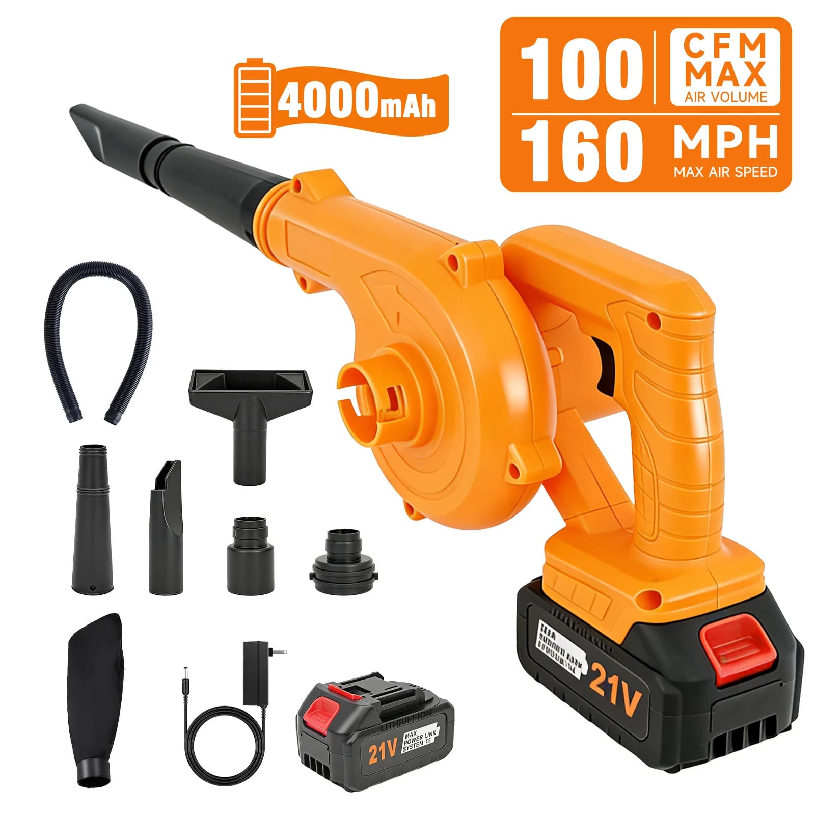 Soffiatore e Aspiratore per Foglie Senza Fili 2-in-1 21V, 100CFM 160 MPH, Leggero Elettrico con Batteria 4.0Ah per Pulizia Casa e Auto