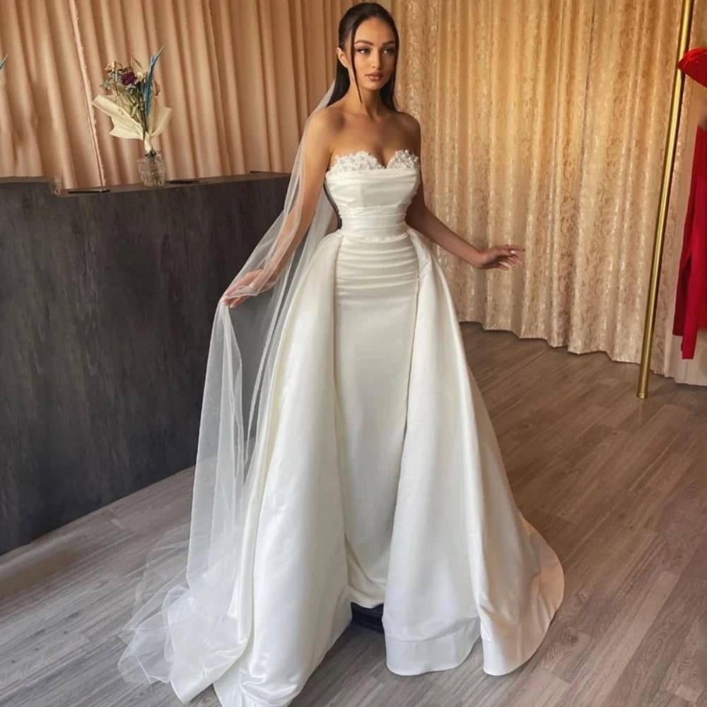 Customized 2026 Strapless Detachable Skirt Satin Wedding Dresses Sweetheart Neck with Pearl Appliques Mermaid Bridal Gown Robe