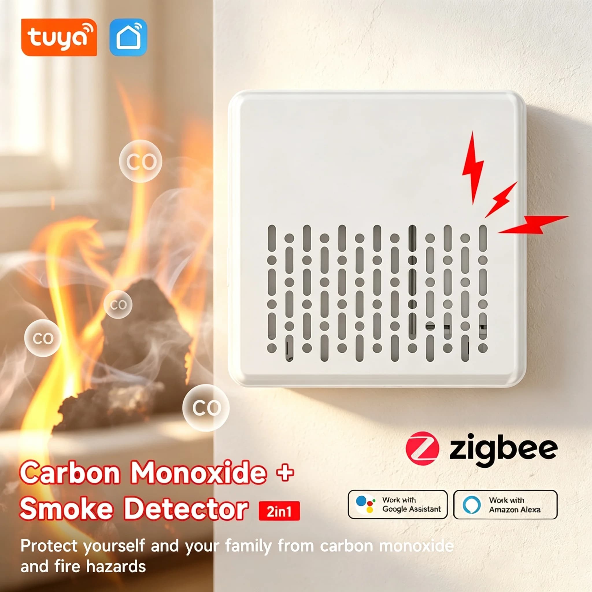 Tuya Zigbee 2in1 Smoke CO Detector Carbon Monoxide Fire Alarm Smart Life Remote Alert Alexa Google Household Fire Sensor