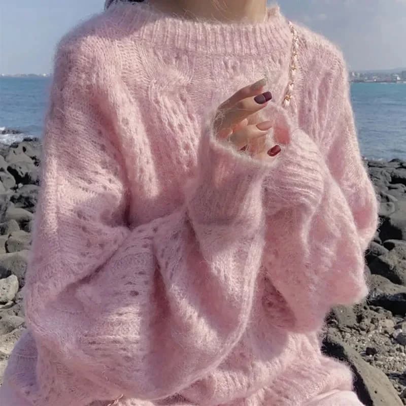 Lucyever dolce rosa morbido maglione lavorato a maglia per le donne vento pigro allentato scava fuori maglioni sottili maglieria a maniche lunghe autunno primavera