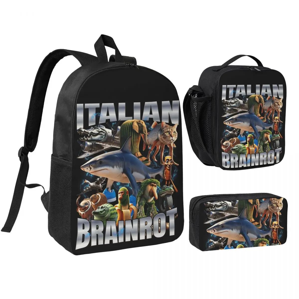 3pecs/set Tralalero Tralala Zaino per studente italiano Brainrot Meme Borsa a tracolla per scuola superiore Borsa per il pranzo Astuccio per matite