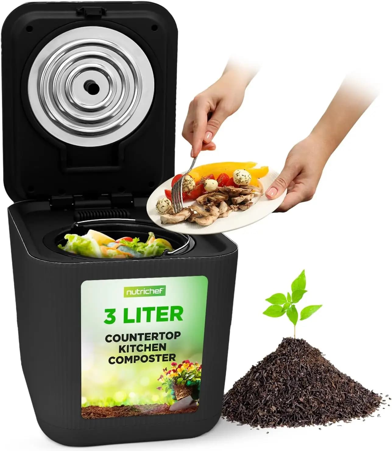 Electric Kitchen Composter | 3 Quart Food Recycler | Food Waste Compost Bin for Countertop | 1 Button to Compost, Easy