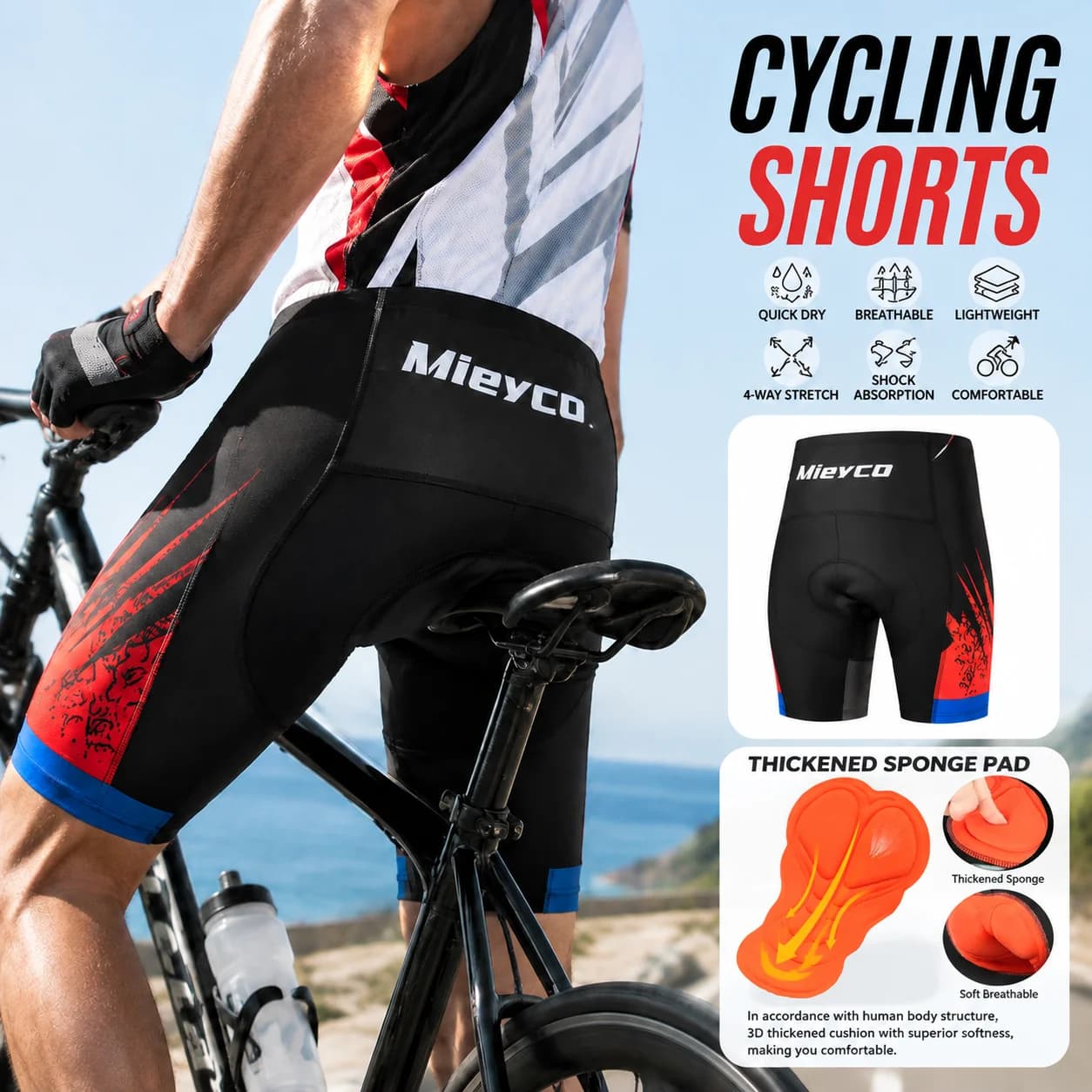 MIEYCO Men's Padded Bike Shorts with 5D Gel Cushion Breathable Quick Dry Cycling Underwear MTB Road Bicycle Inner Shorts