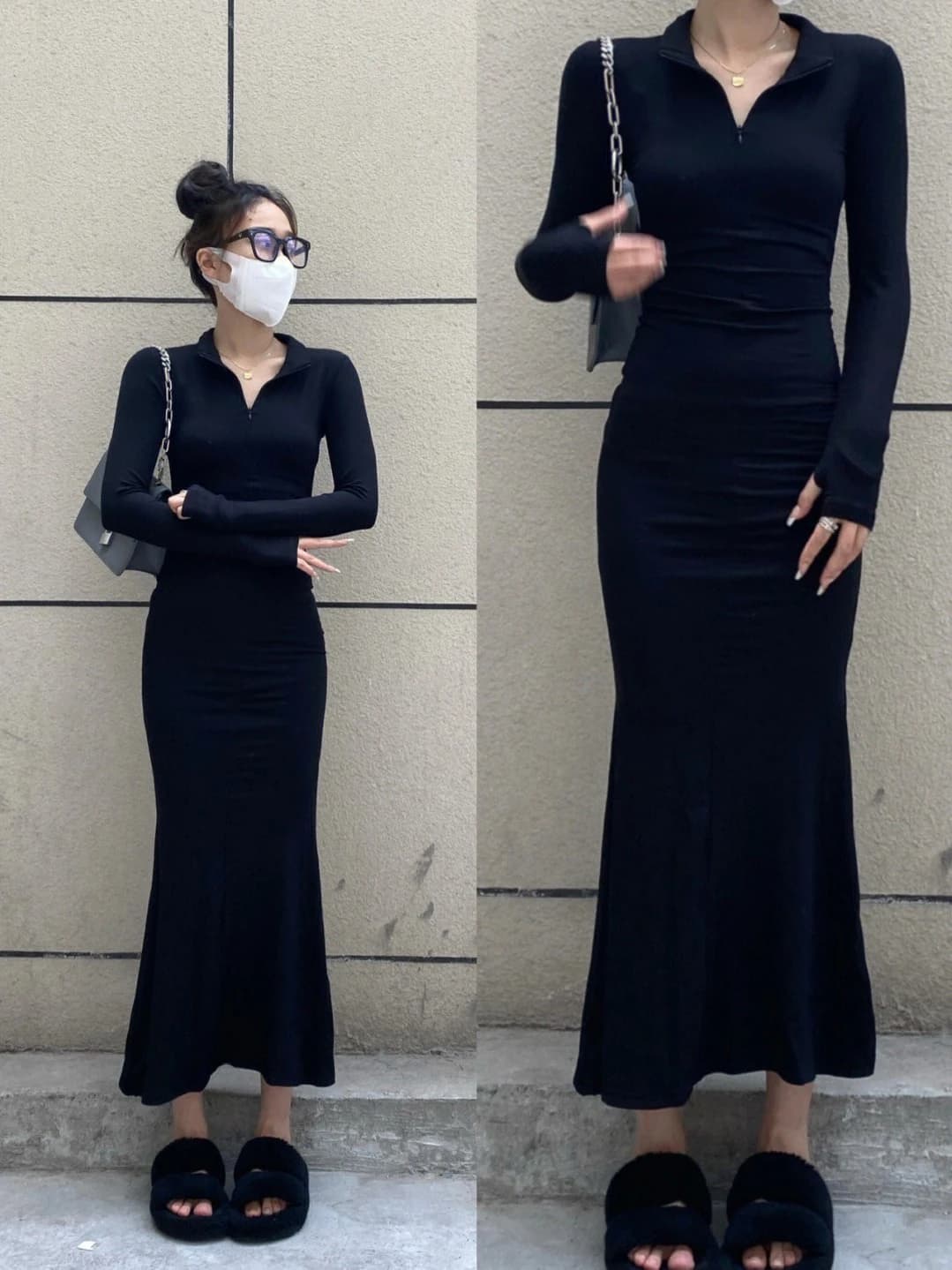 Sexy Long Sleeve Zipper Dress Women's Autumn Winter Pure Desire Style Long Dress Slimming Slim Fit Fish Tail Skirt