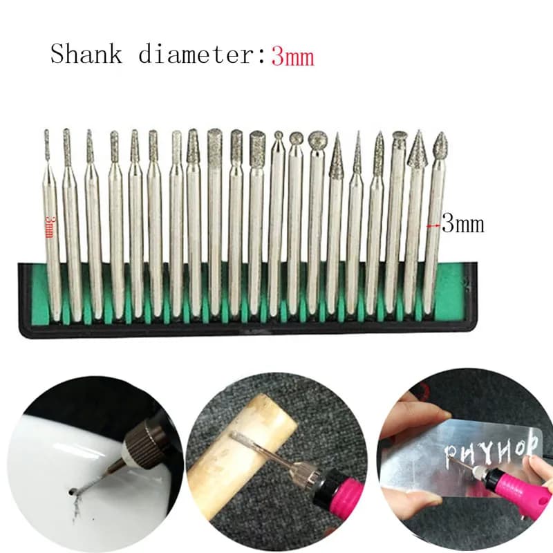 20PCS Diamond Rotary Grinding Burr Drill Bit set 2.35/3mm Shank Crafts DIY Engraving Polishing Tool for Jade jewelry glass