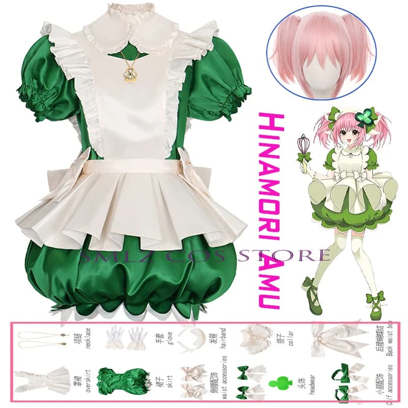 Costume Cosplay Henshin Hinamori Amu, Abito da Cameriera Verde con Parrucca per Donna, Outfit per Feste di Halloween