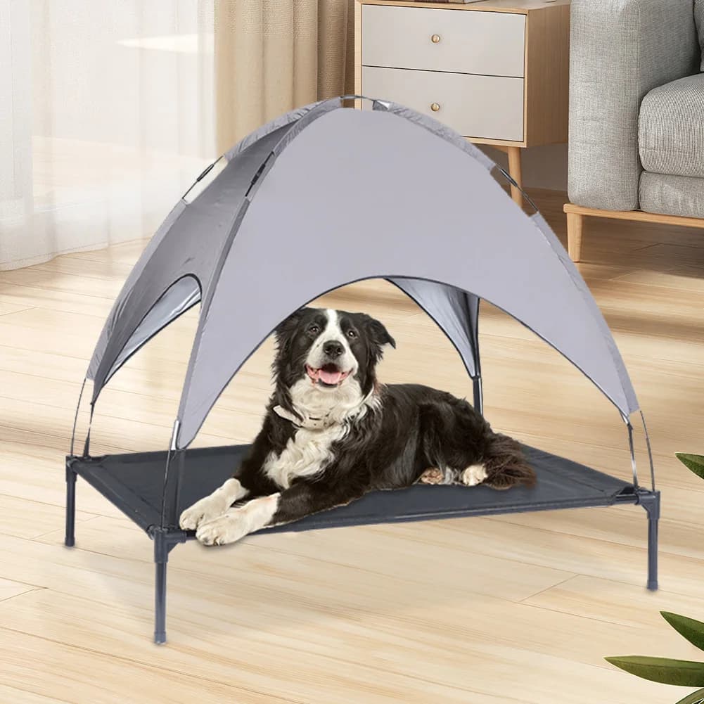 Cuccia Rialzata per Cani con Tettuccio, Lettino Portatile da Esterno per Cani con Ombra, Cuccia Rialzata Impermeabile e Traspirante per Cani e Gatti