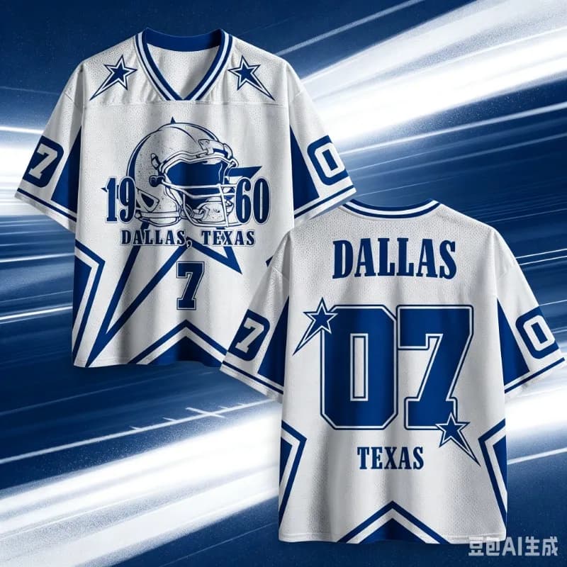 2026 Summer American V Neck Mesh Jersey Blue Star Football Helmet Texas City Front Back Number 07 Short Sleeve Sports Tee