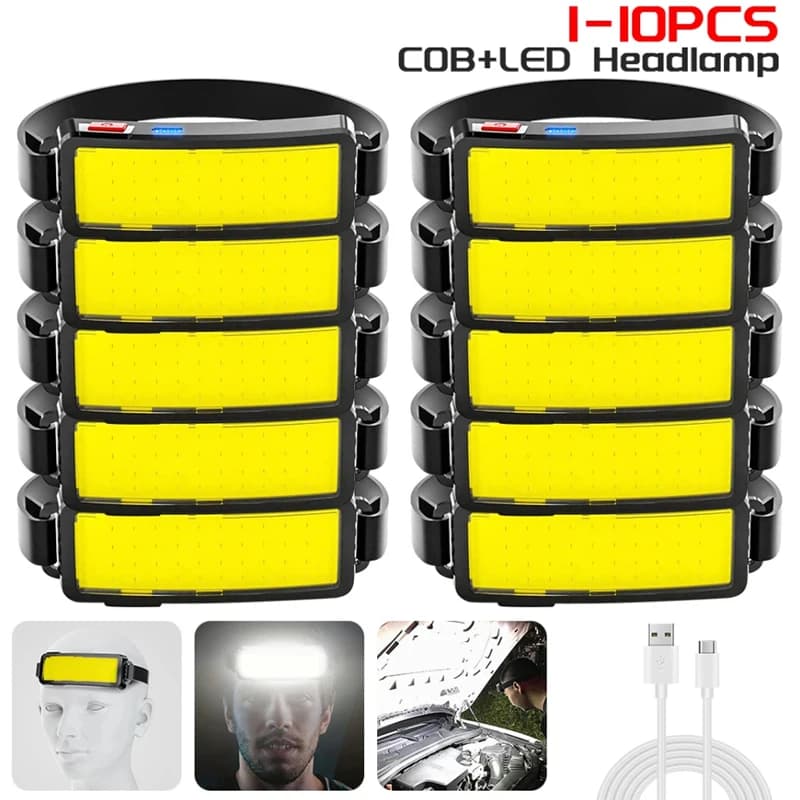 Lampada frontale COB potente ricaricabile tramite USB Batteria incorporata Torcia da testa da pesca Lampada frontale da caccia da campeggio montata sulla testa esterna
