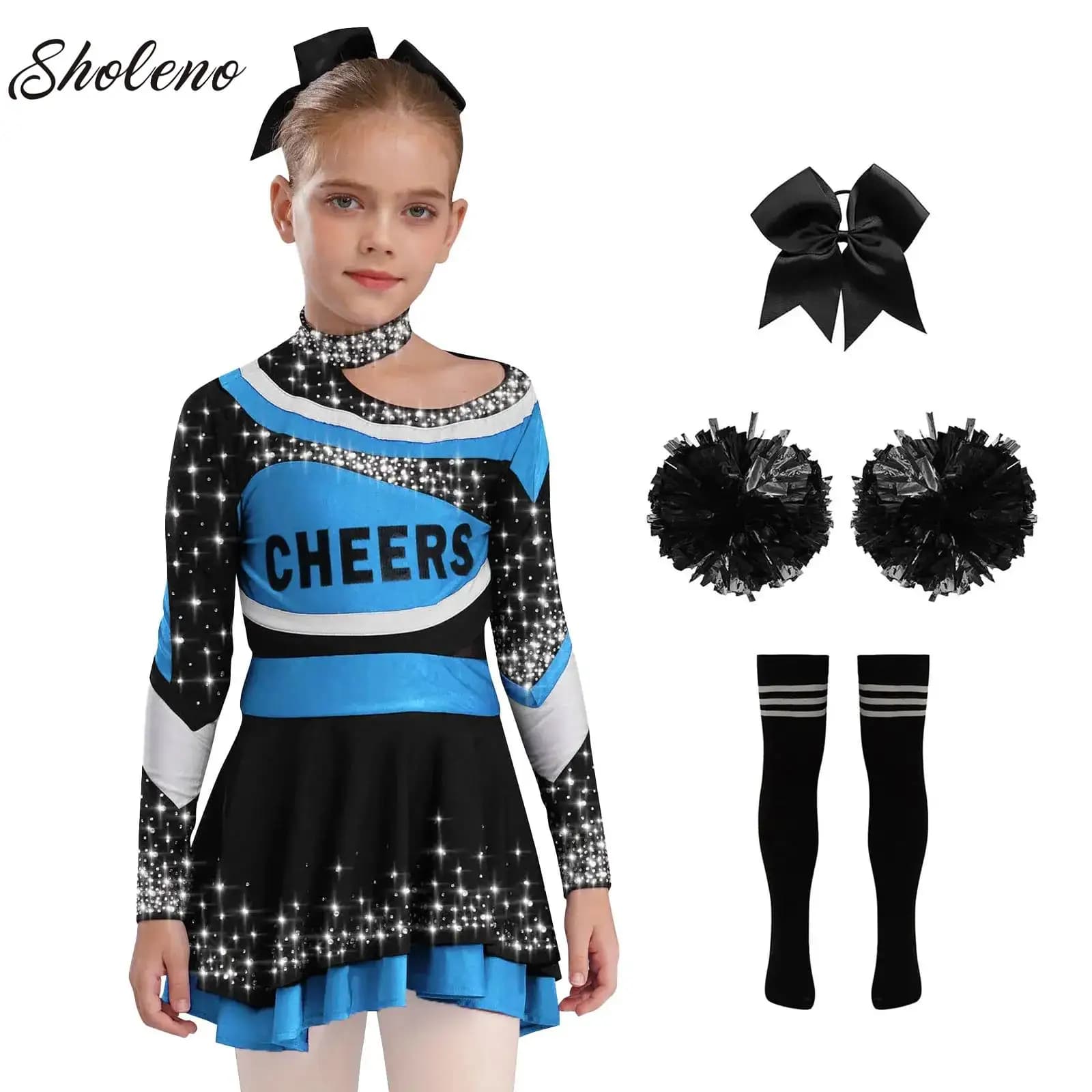 Girls Cheerleader Costume Cheerleading Uniform Outfit Crop Top Skirt Socks Flower Balls School Girls Carnival Cosplay Clothes