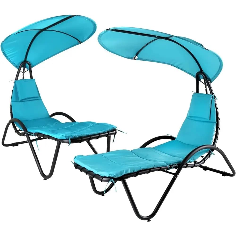 Chaise longue hanging from outdoor blue with lampshade, umbrella, cushion and support for relaxing by the pool