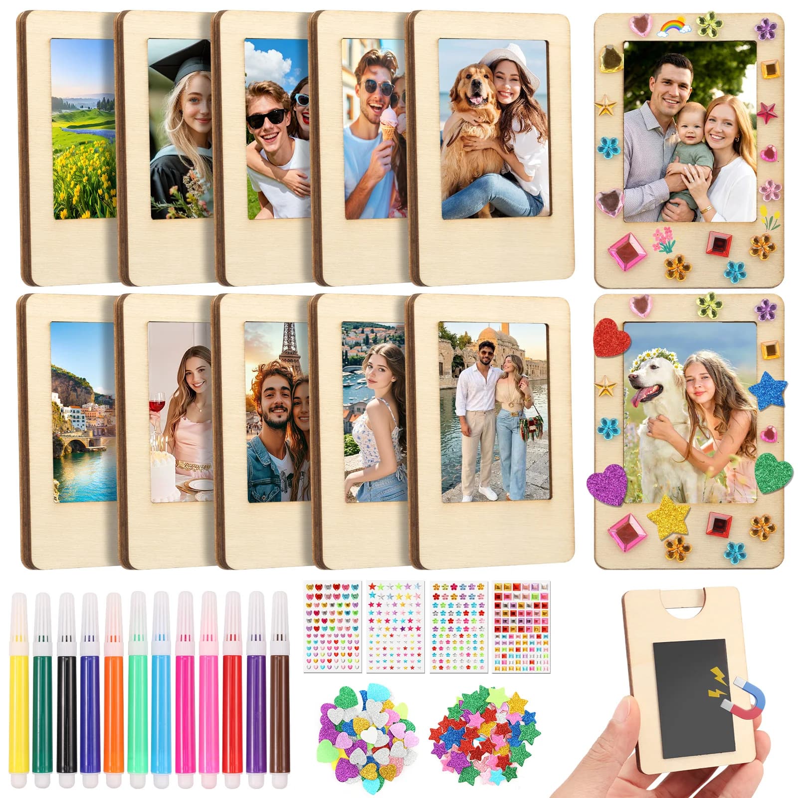12Pc Magnet Photo Frame Wooden Picture Frame with Marker Rhinestone Sticker Glitter Sequin Unfinished Mini Photo Frames for Home