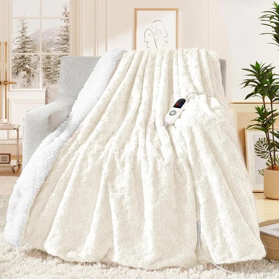 Coperta riscaldata elettrica per dimensioni doppie 62x84 con trama Sherpa in finta pelliccia di coniglio 6 impostazioni di calore regolabili e 12 ore automatiche