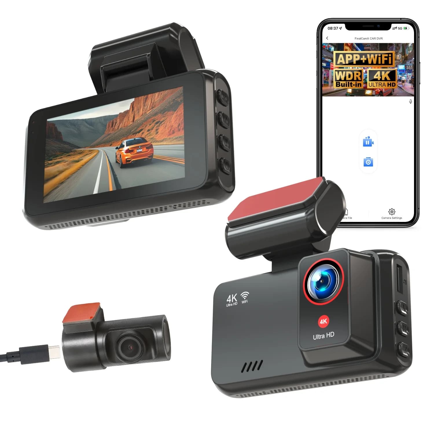 602 New Front and Rear Dual 4K+4K Camera 3 Inch IPS Screen Wireless GPS Dash Cam