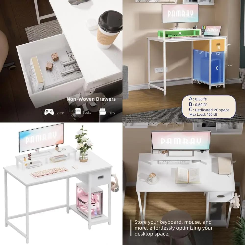 Scrivania per computer bianca 39 con supporto per monitor, cassetto portaoggetti, ideale per l'home office e lo studio
