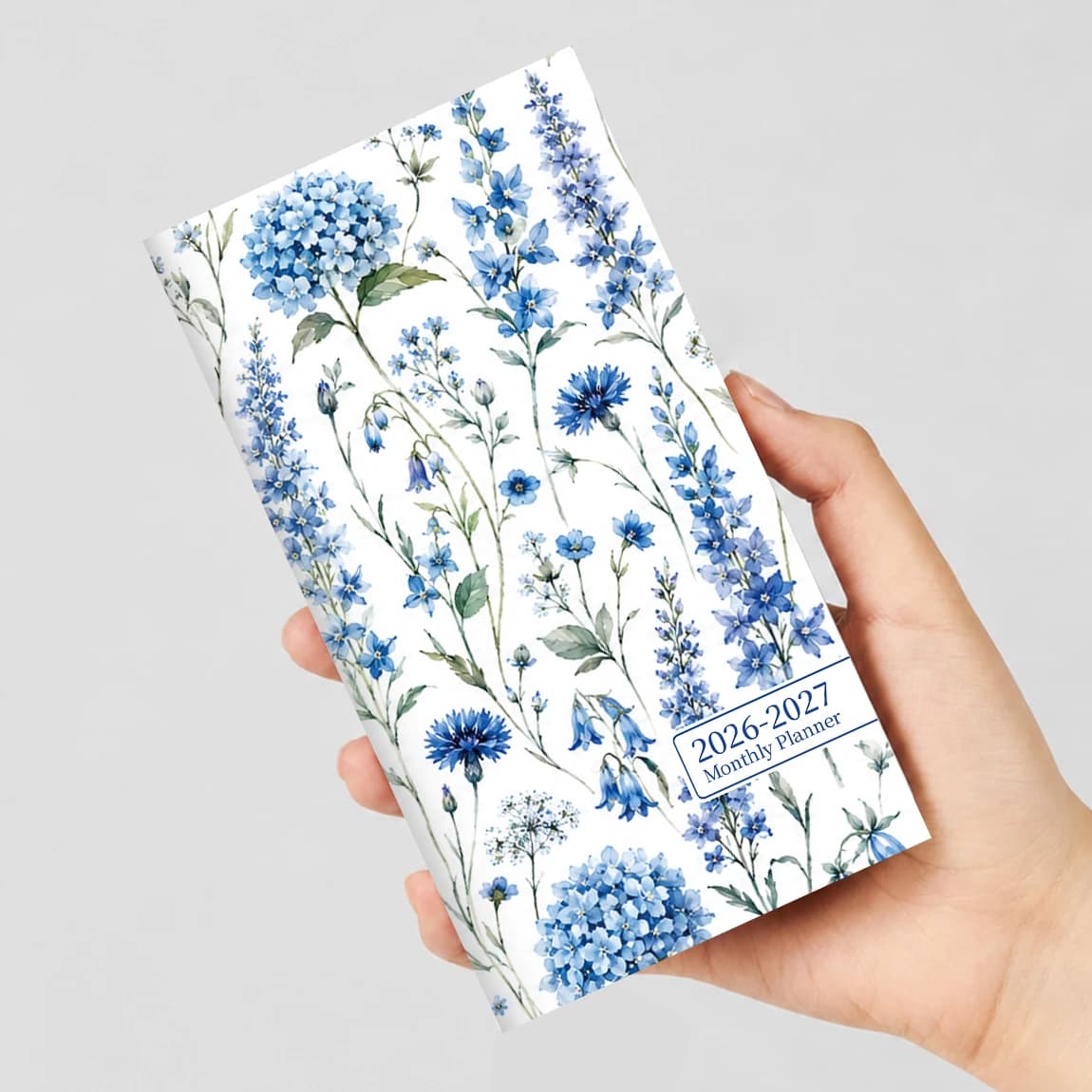 1PC A6 2026.7-2027.6 Monthly Planner Notebook, 12-Month Blue Floral Softcover, July 2026-June 2027, Notes & Contacts