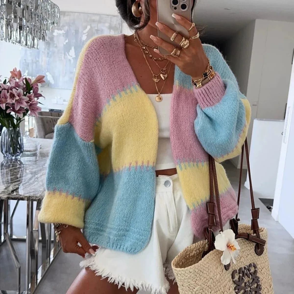 Cardigan patchwork color block per donna 2025 Cappotto maglione lavorato a maglia allentato moda autunno inverno