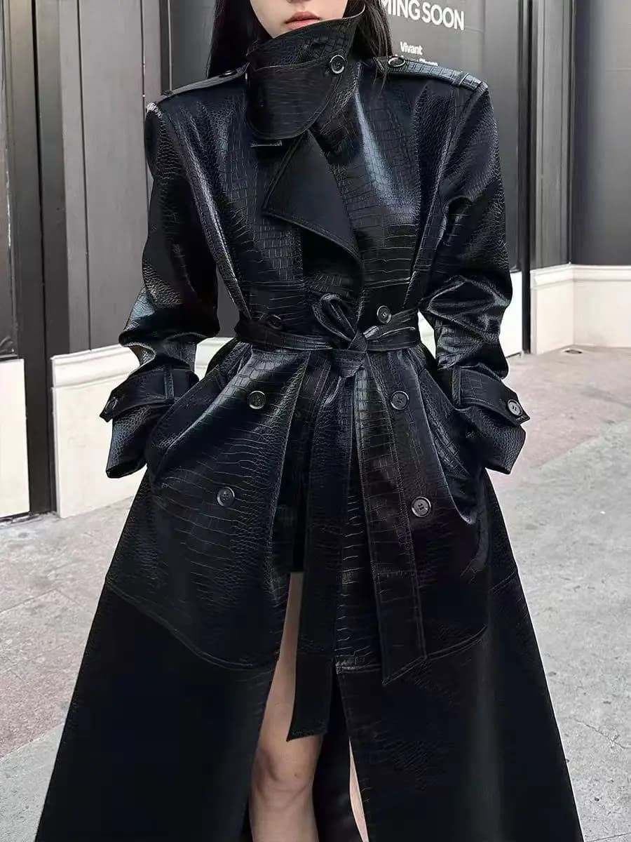 Luxury High-quality Leather Jacket Women Long Trench Coat Double-breasted Belted Long Sleeves Lapel Design Outerwear Streetwear