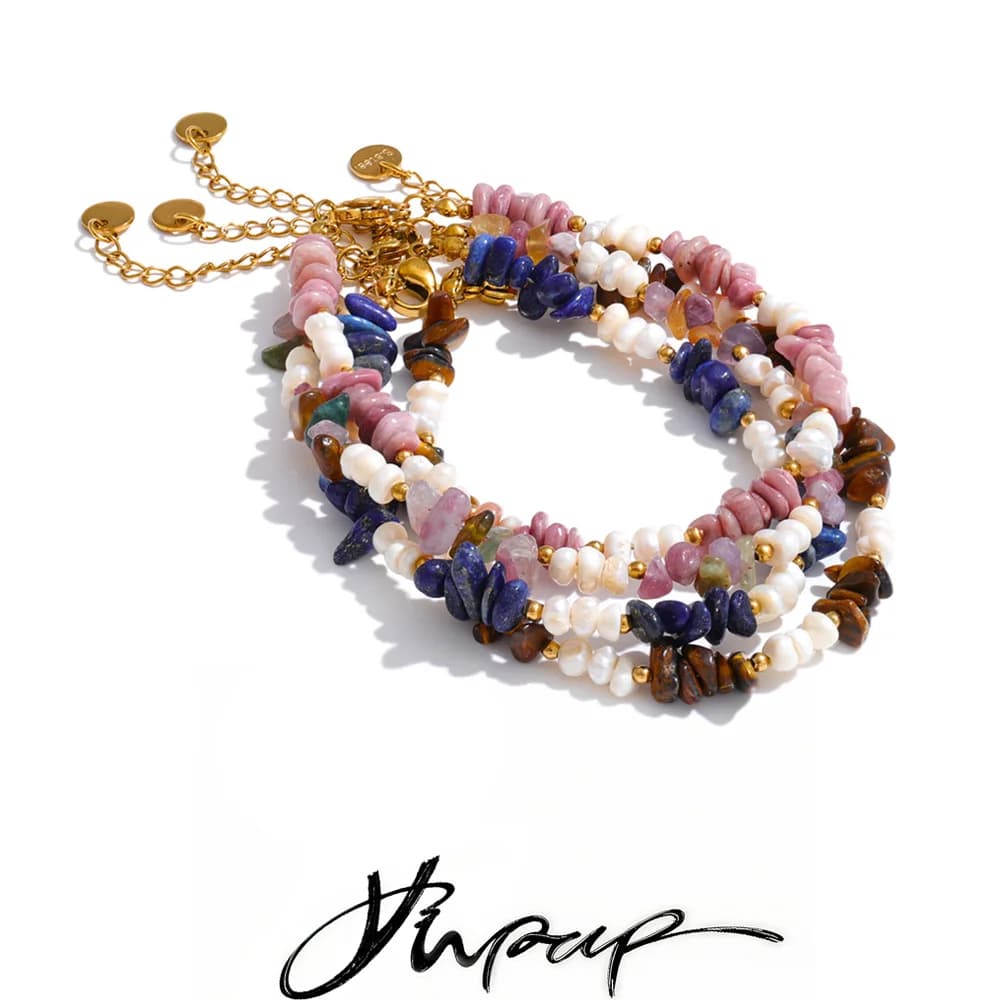 Bracciale Yhpup con Perle d'Acqua Dolce e Pietre Naturali, Catena Fatta a Mano, Impermeabile, in Acciaio Inossidabile, Gioiello Estivo da Polso