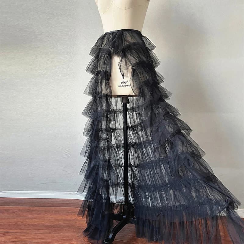 Women Long Ruffles Tulle Skirt Bridesmaid Multilayer Mesh Tied-Up Dress Drag Floor-Length Prom Party Train Skirt Cover Ups