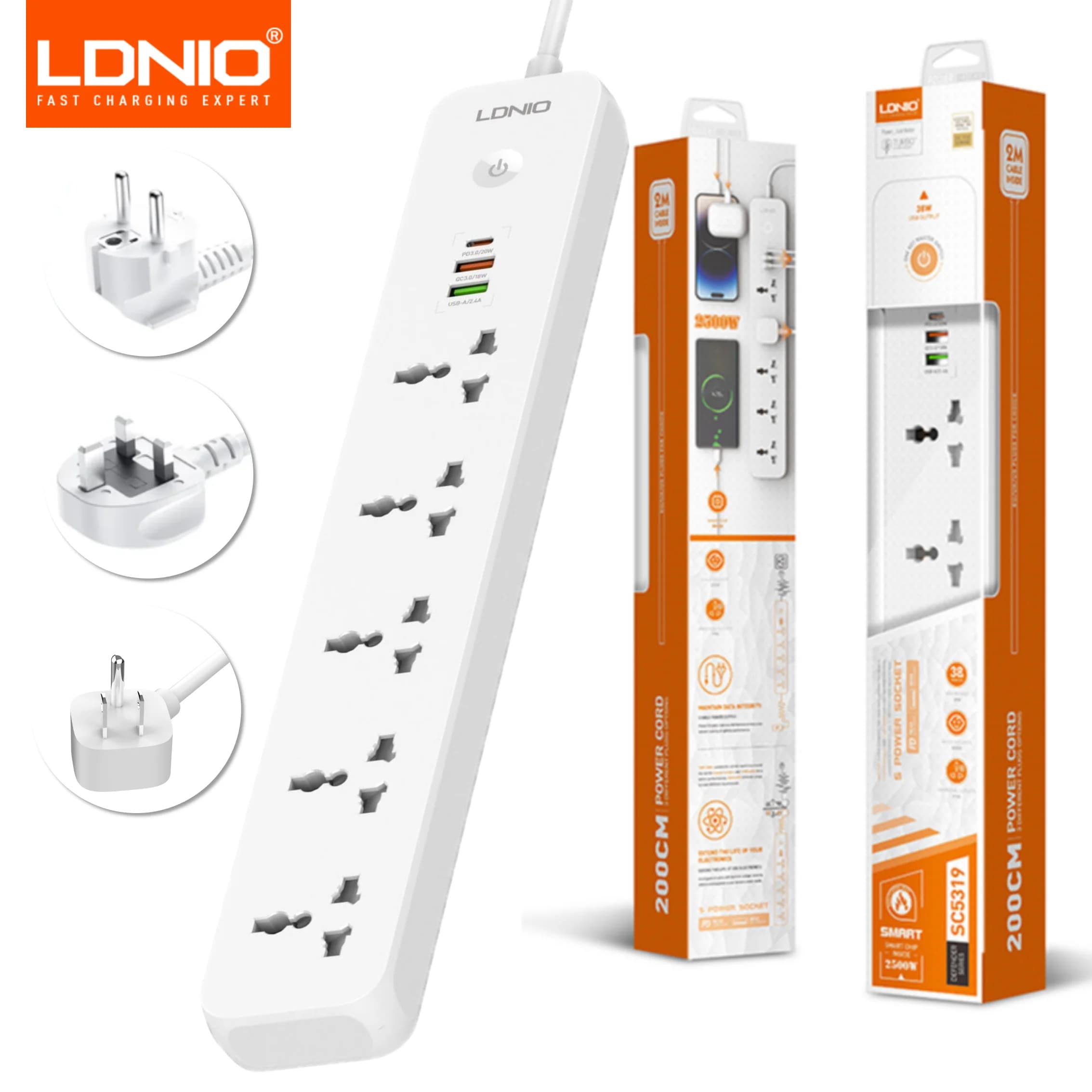 Power Strip LDNIO 2500W with 5 sockets ca and 3 USB charging ports extension cable from 2M domestic kitchen plug EU US