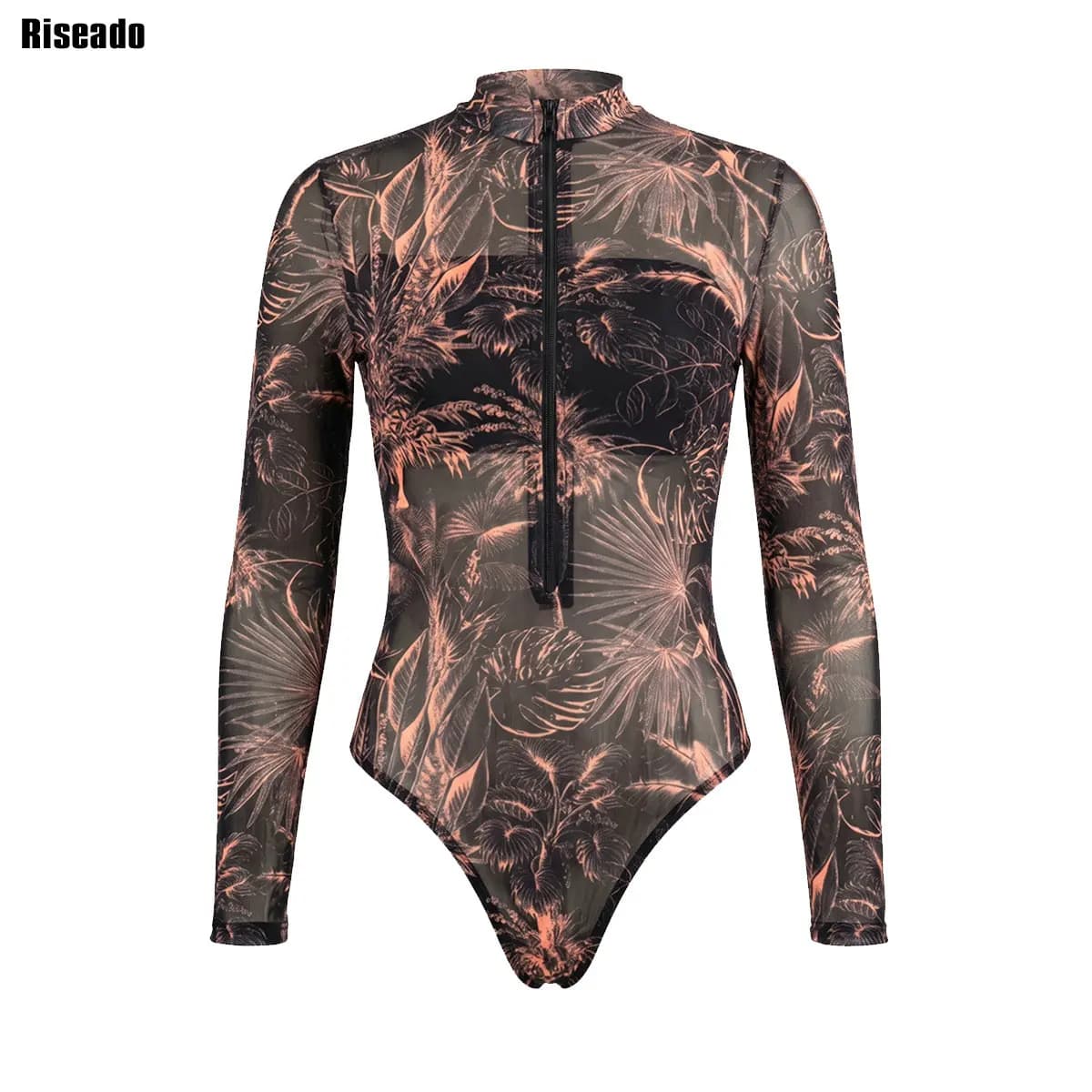 2026 Mesh Swimsuit Long Sleeve Printed Sexy Zipper Surfing Suit Beach Vacation Swimsuit‌ Bathing Suit SPF 35+ Sun Protection