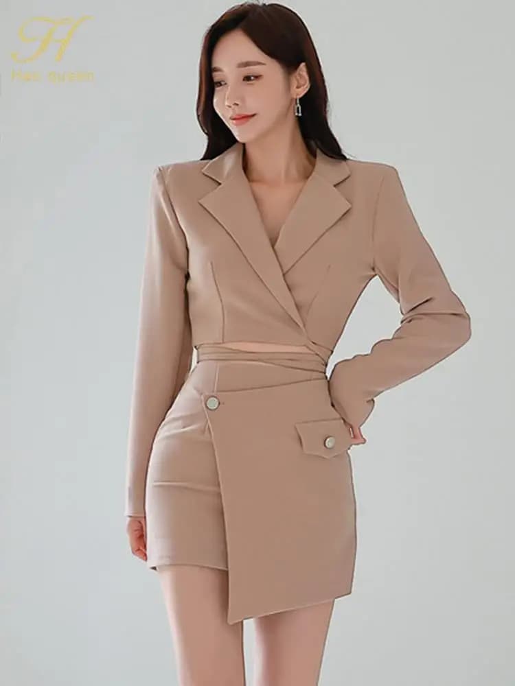 H Han Queen Elegant 2024 Spring Autumn 2 Pieces Set Women Short Suit + High Waist Pencil Skirts Casual Simple Office Skirt Set