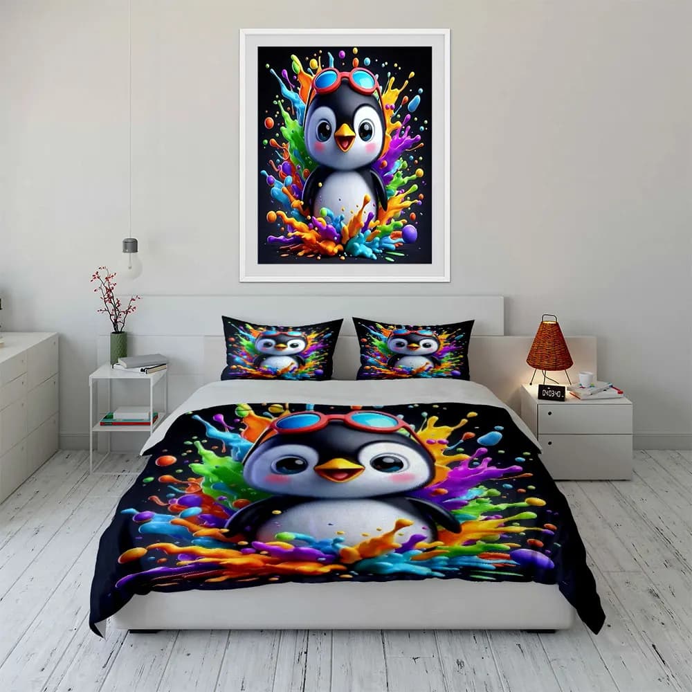 Set di biancheria da letto con motivo pinguino, con 1 copripiumino e 2 federe, singolo, matrimoniale, king size, queen size, idea regalo
