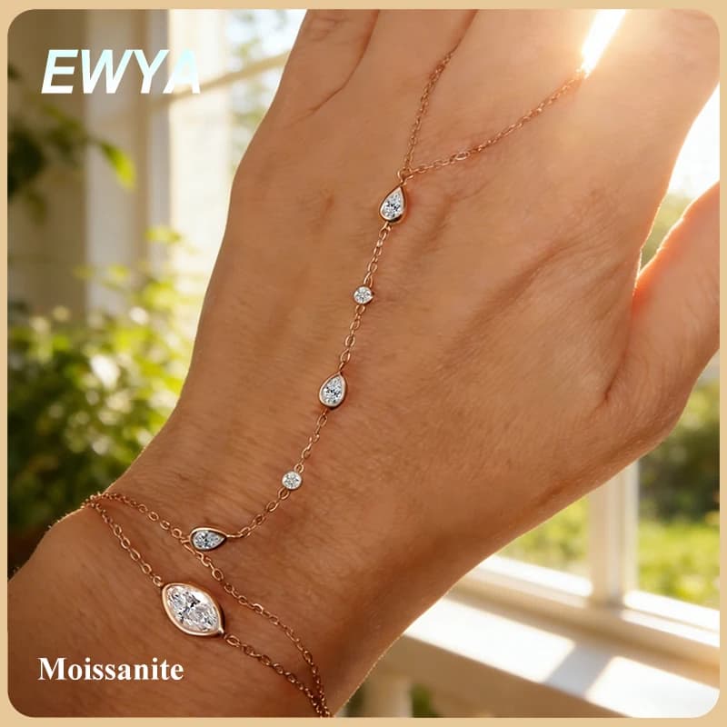 EWYA Dainty All Pear Round Cut Moissanite Finger Chain Bracelets Women 14-20cm Wrist Size Adjustable s925 Silver Hand Jewelry