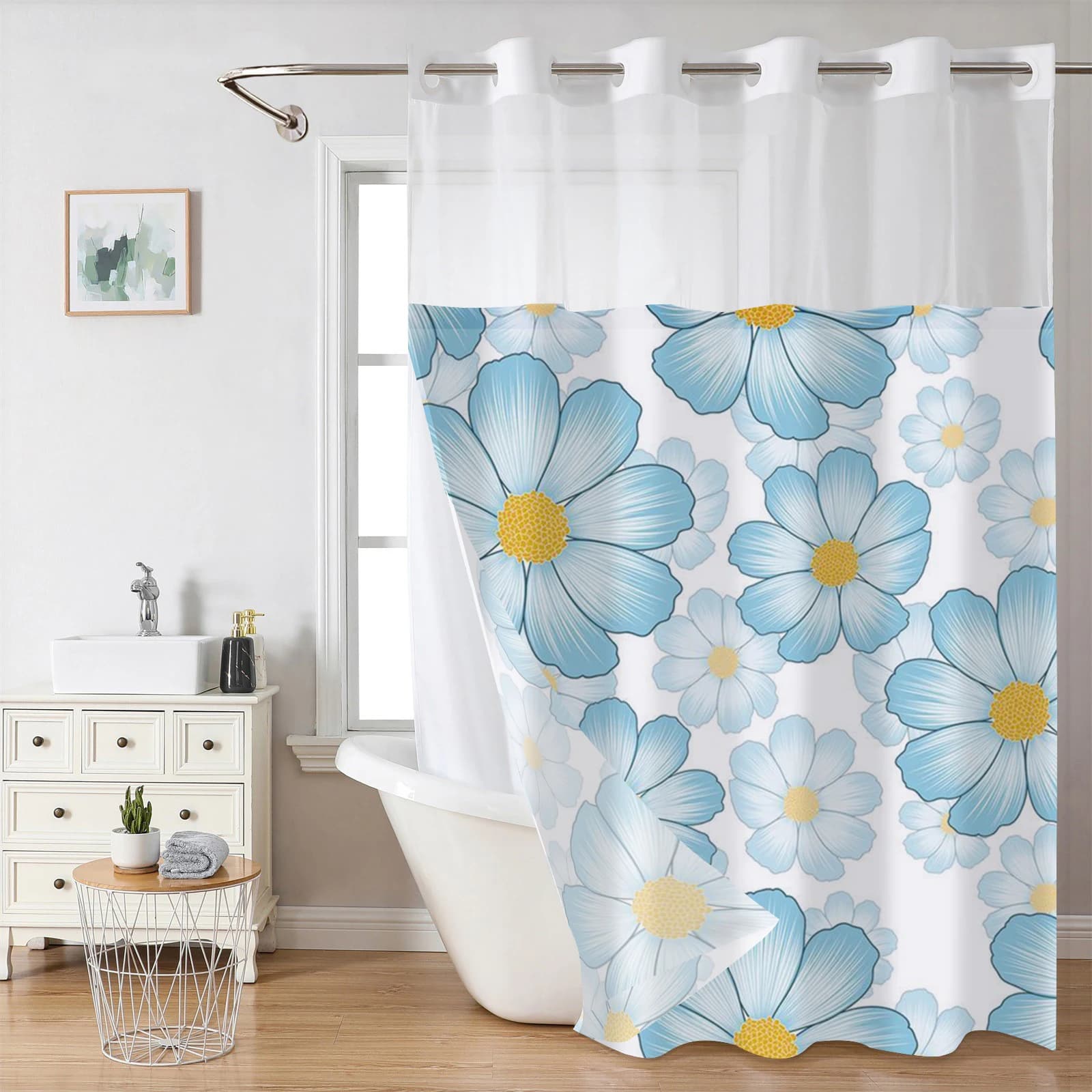 Tenda da doccia senza gancio con motivo floreale blu con rivestimento in tessuto a scatto, finestra superiore trasparente, tenda da bagno impermeabile a doppio strato