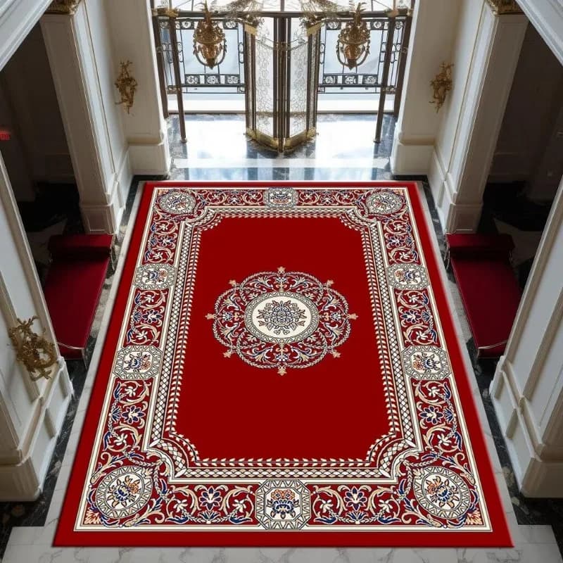 Tappeto rosso persiano con medaglione floreale intricato, accenti blu oro, tappeto di lusso per l'arredamento del grande corridoio