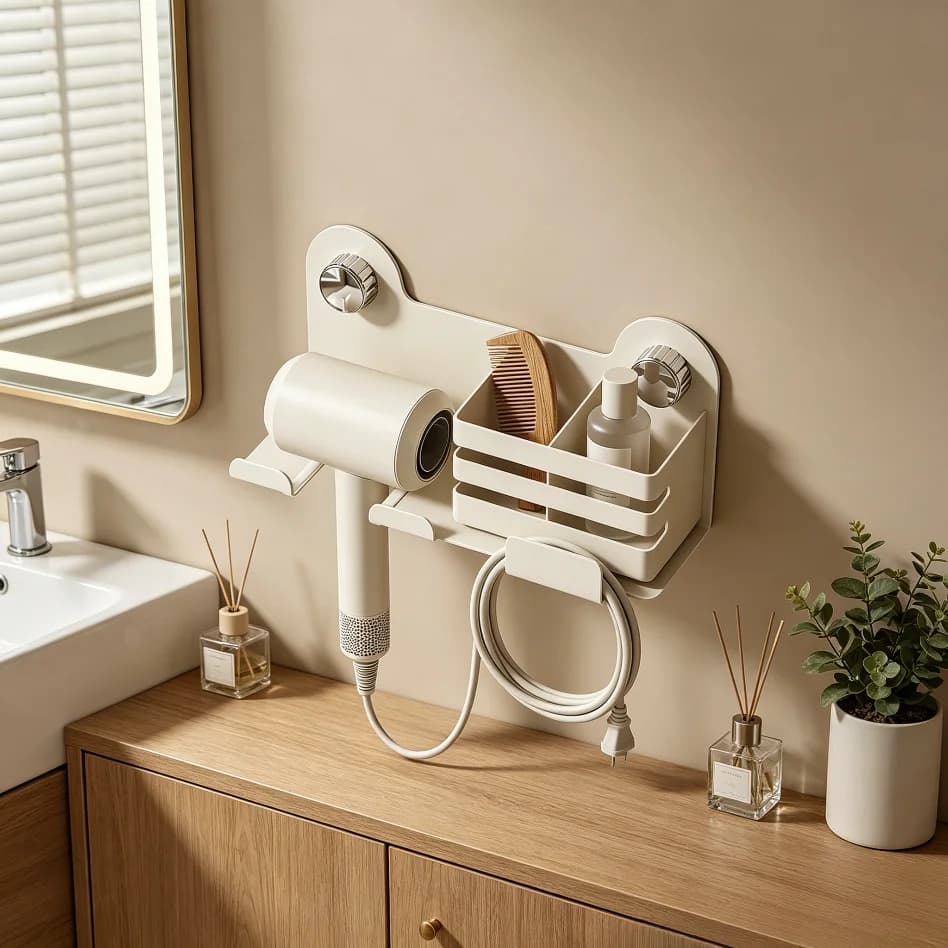 Punch Free Bathroom Storage Rack Wall Mount, Strong Vacuum Suction Cup Hair Dryer Holder