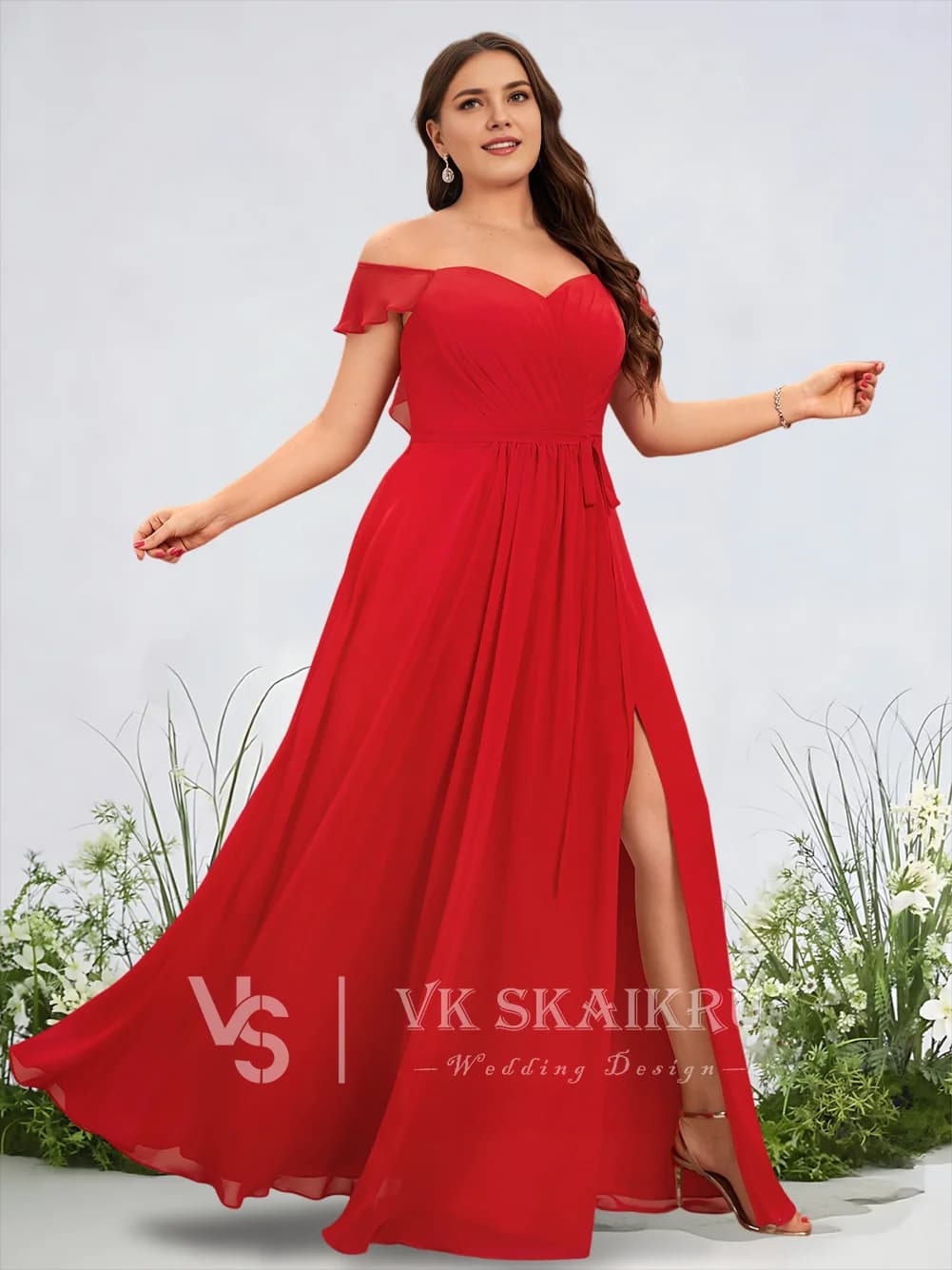 A Ethereal Off Shoulder Bridesmaid Dresses Frosted Lilac A-Line Floor-Length Chiffon Garden Gala Wedding Party Cascading Ruffles