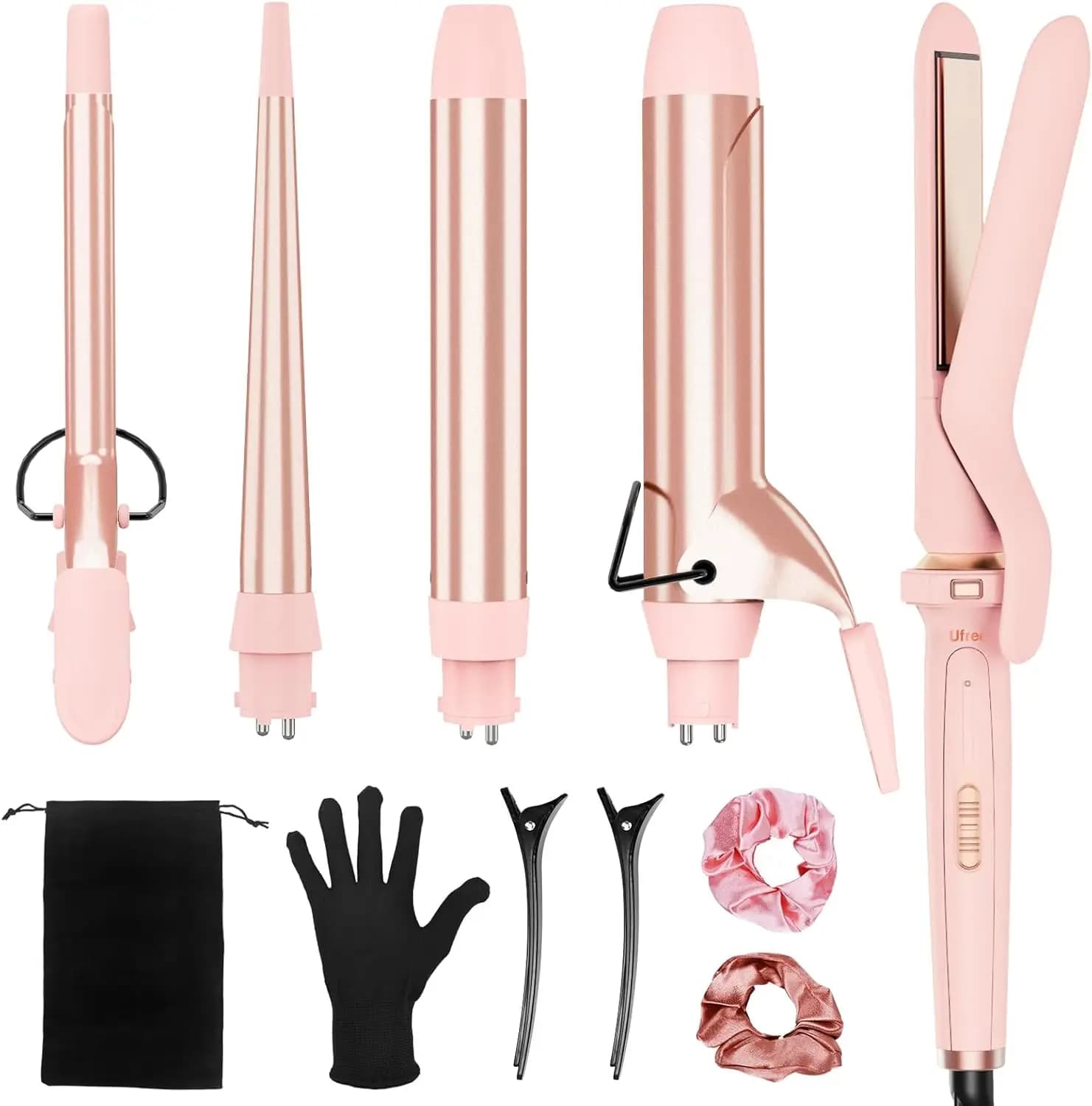 Set Ferro Arricciacapelli in Ceramica 5-in-1 con Piastra Lisciante, Riscaldamento Istantaneo, Doppio Voltaggio, Rosa - Regalo Perfetto per Donne
